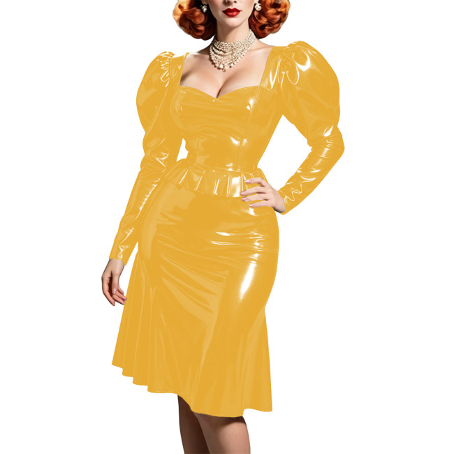 Glossy Patent Leather Evening Party Dress Women Puff Sleeve Flared Knee-length Dress Stretch PVC Club Prom Gowns Cosplay Costume