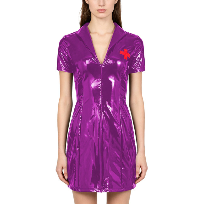 PVC Vinyl Leather Mini Nurse Dress Wetlook Party Seductive Roleplay Outfit Vintage Nurse Short Sleeve Zipper Front Dress Cosplay
