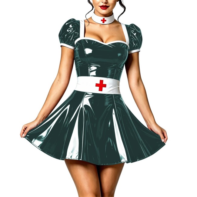 Naughty Sexy Wetlook Roleplay Nurse Dress Vinyl PVC Leather Nightclub A-line Dress with Choker Belt Party Cosplay Doctor Costume