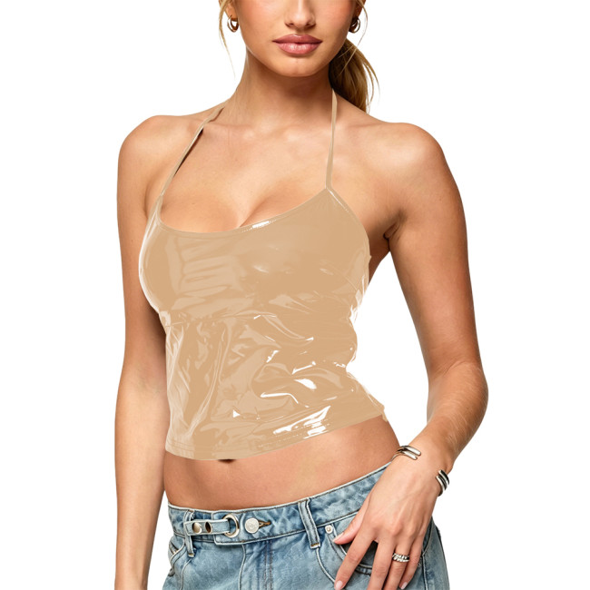 New Women's Solid Color Sleeveless Crop Tops Street Fashion Hanging Neck Backless Vest for Women PVC Vinyl Leather Sling Tops