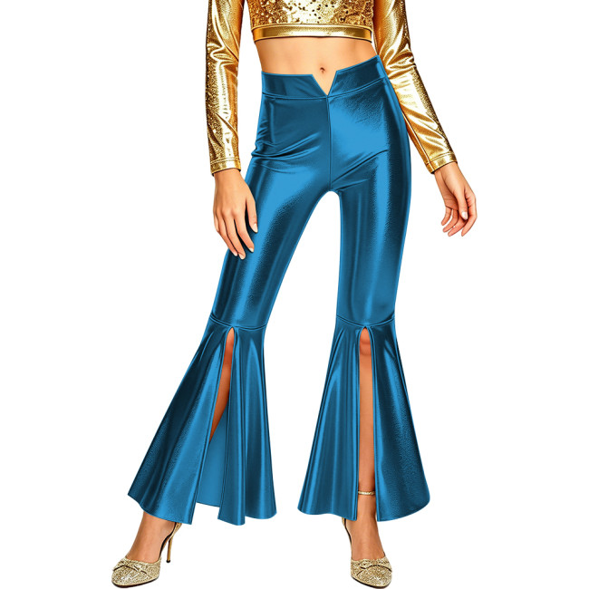 Plus Size Vintage Metallic Shiny Flared Pants Rave Party Dance Trousers Womens High Waist Split Bell Bottoms Long Pants Clubwear