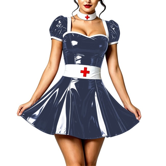 Naughty Sexy Wetlook Roleplay Nurse Dress Vinyl PVC Leather Nightclub A-line Dress with Choker Belt Party Cosplay Doctor Costume