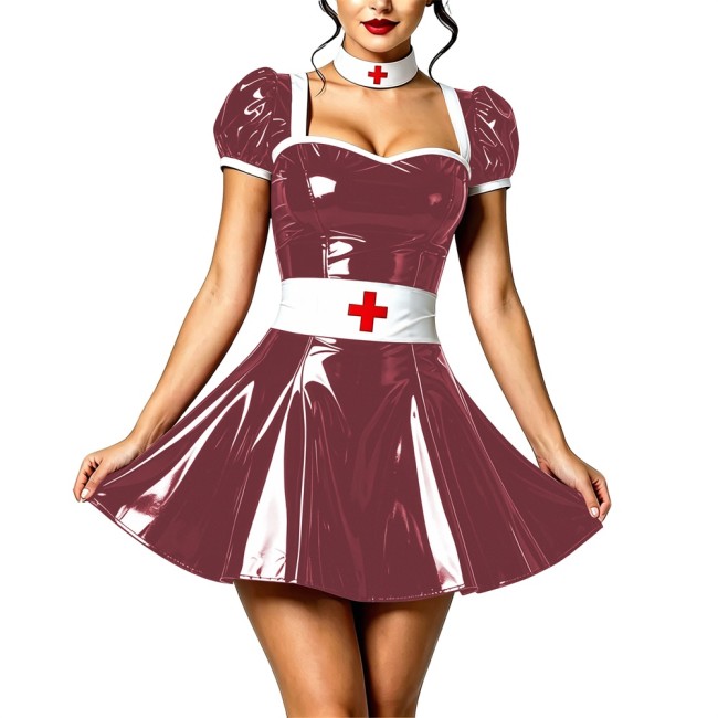 Naughty Sexy Wetlook Roleplay Nurse Dress Vinyl PVC Leather Nightclub A-line Dress with Choker Belt Party Cosplay Doctor Costume