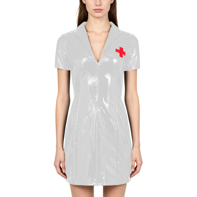 PVC Vinyl Leather Mini Nurse Dress Wetlook Party Seductive Roleplay Outfit Vintage Nurse Short Sleeve Zipper Front Dress Cosplay