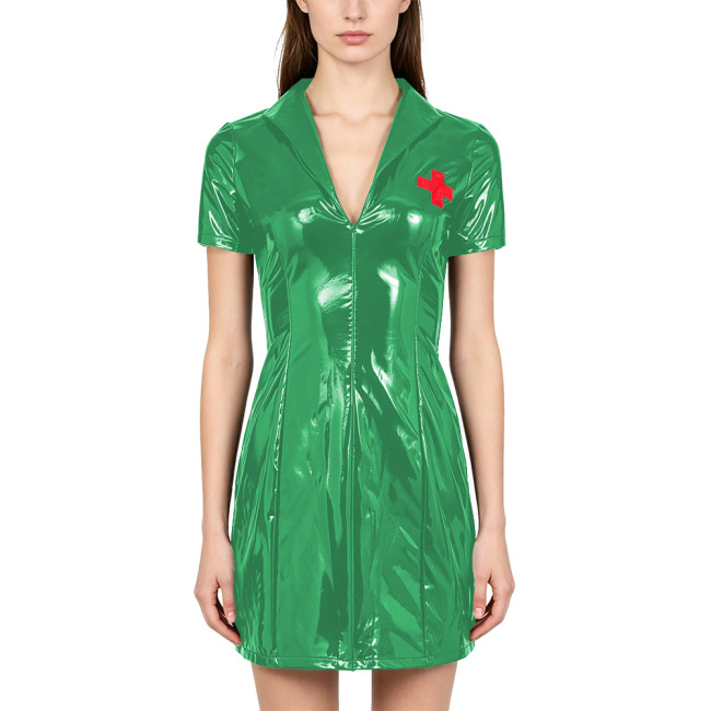 PVC Vinyl Leather Mini Nurse Dress Wetlook Party Seductive Roleplay Outfit Vintage Nurse Short Sleeve Zipper Front Dress Cosplay