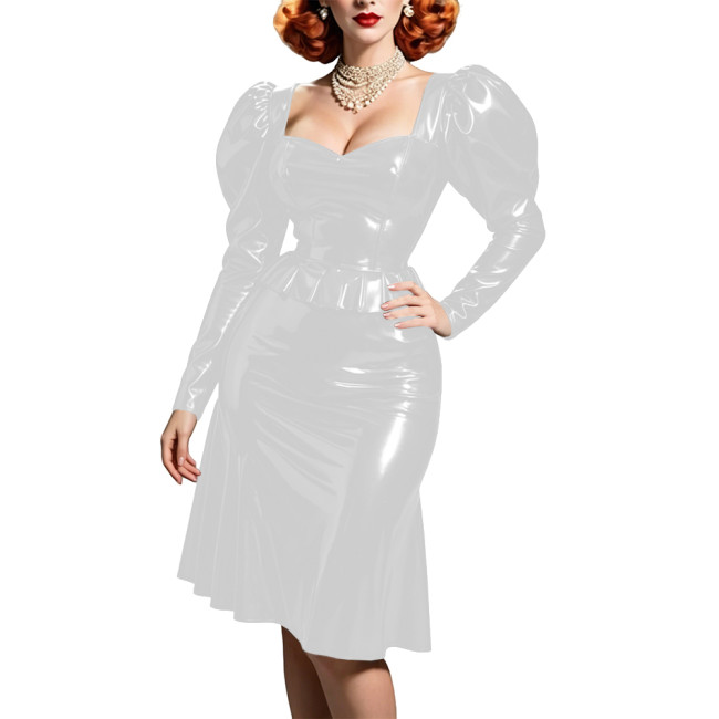 Glossy Patent Leather Evening Party Dress Women Puff Sleeve Flared Knee-length Dress Stretch PVC Club Prom Gowns Cosplay Costume