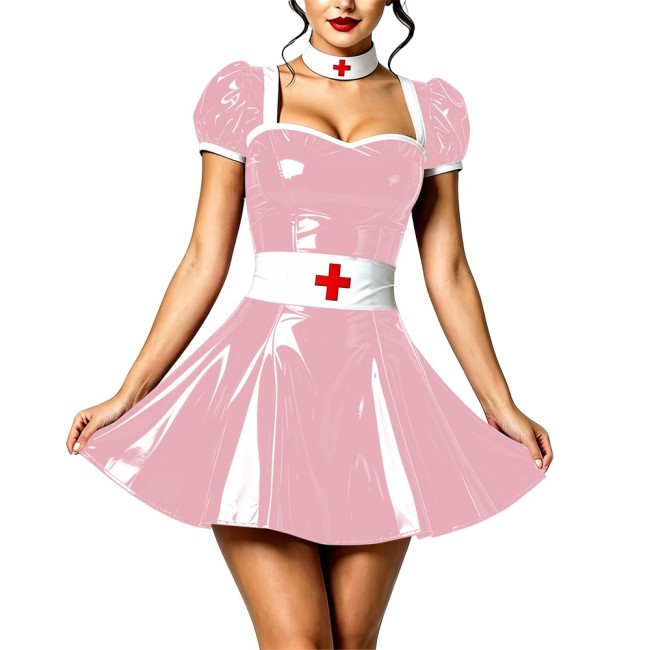 Naughty Sexy Wetlook Roleplay Nurse Dress Vinyl PVC Leather Nightclub A-line Dress with Choker Belt Party Cosplay Doctor Costume