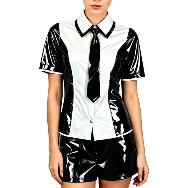 Anime Office Ladies Shorts Sets Wetlook Cosplay Costume Patchwork Shirt Top Shorts with Bowtie School Uniform for Theme Party