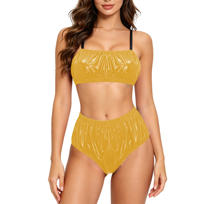 Womens Glossy Two Pieces Bikini Set PVC Faux Leather Strapless Camisole High Waisted Briefs Nightclub Wetlook Lingerie Outfits