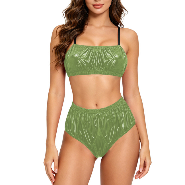 Womens Glossy Two Pieces Bikini Set PVC Faux Leather Strapless Camisole High Waisted Briefs Nightclub Wetlook Lingerie Outfits