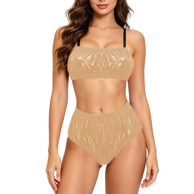 Womens Glossy Two Pieces Bikini Set PVC Faux Leather Strapless Camisole High Waisted Briefs Nightclub Wetlook Lingerie Outfits