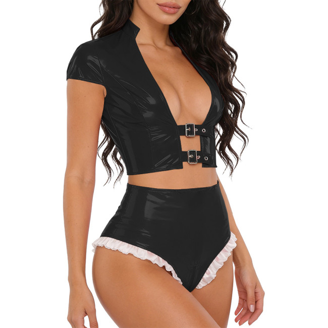 Womens Glossy 2 Piece Rave Outfits PVC Vinyl Leather Open Front Crop Top with High Waist Briefs Lingerie Set Wet Rave Clubwear