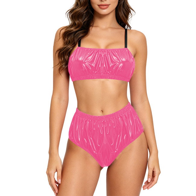 Womens Glossy Two Pieces Bikini Set PVC Faux Leather Strapless Camisole High Waisted Briefs Nightclub Wetlook Lingerie Outfits