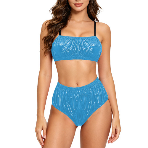 Womens Glossy Two Pieces Bikini Set PVC Faux Leather Strapless Camisole High Waisted Briefs Nightclub Wetlook Lingerie Outfits