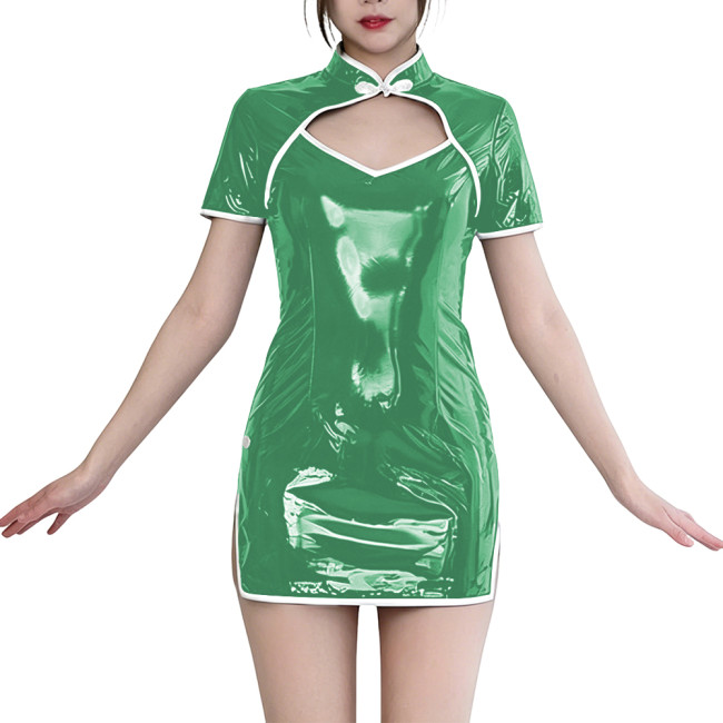 Plus Size Glossy Cheongsam Style Mini Dress for Womens Short Sleeve Hollow Front Slim Pencil Dresses PVC Shiny Elegant Vestidos