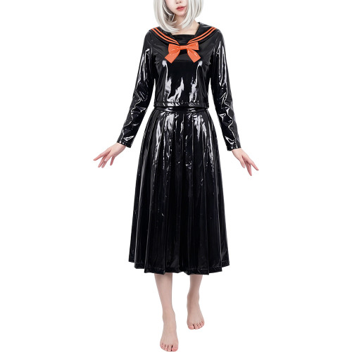 Fetish PVC Leather Sailor Cosplay Outfit Sissy Midi Pleated Skirt and Sailor Collar Bow Blouse Smooth School JK Role Play Sets