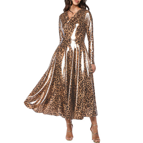 Plus Size Sexy Leopard Print A-line Midi Dress Womens Club Back Zipper Party Long Dresses Glossy Patent Leather Swing Dress