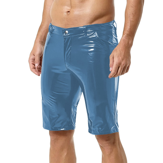 Men Fashion Shiny Wet Look PVC Leather Pencil Shorts Casulal Pockets Slim Knee-length Pants Nightclub Dance Party  Punk Costumes