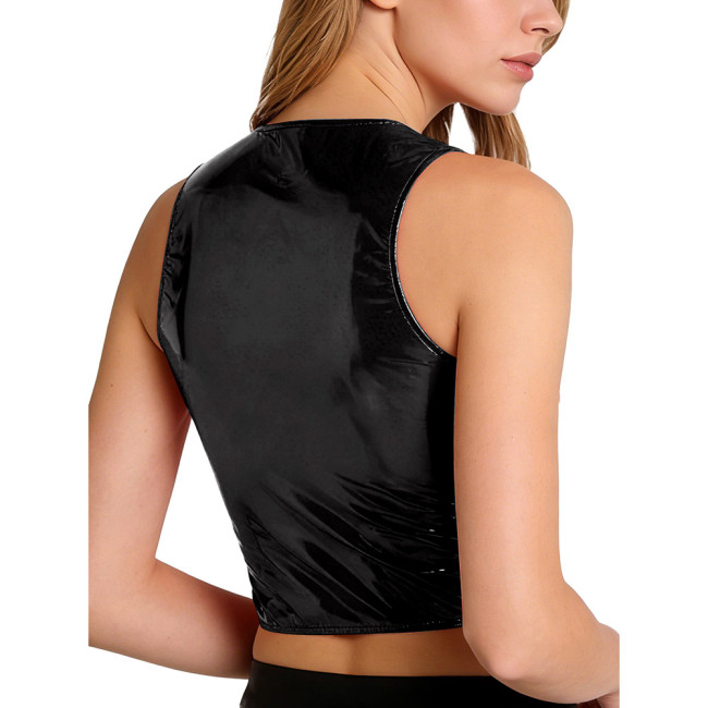 Plus Size Vinyl PVC Leather Crop Top Front Zippers Sleeveless Glossy Tank Top Womens Nightclub Crop Vest Rave Festival Wear 8XL