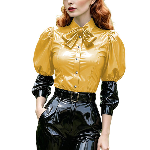 Women's Bow Shirts with Buttons Puff Long Sleeve Lapel PVC Shiny Leather Blouse Fashion Patchwork Tops Party Cosplay Halloween