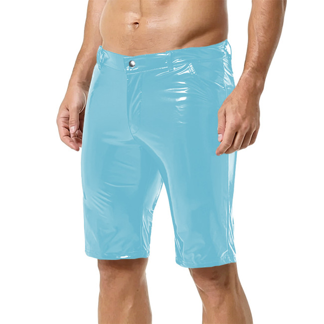 Men Fashion Shiny Wet Look PVC Leather Pencil Shorts Casulal Pockets Slim Knee-length Pants Nightclub Dance Party  Punk Costumes