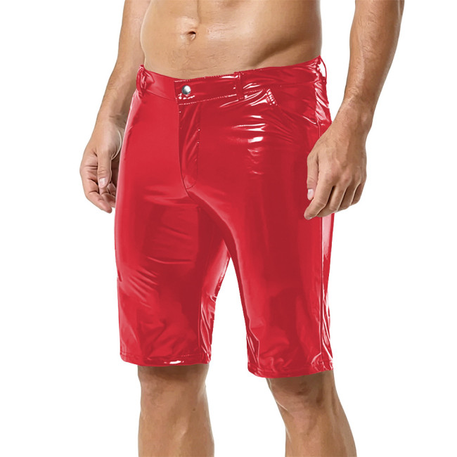 Men Fashion Shiny Wet Look PVC Leather Pencil Shorts Casulal Pockets Slim Knee-length Pants Nightclub Dance Party  Punk Costumes