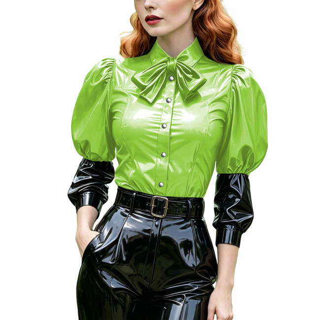 Women's Bow Shirts with Buttons Puff Long Sleeve Lapel PVC Shiny Leather Blouse Fashion Patchwork Tops Party Cosplay Halloween