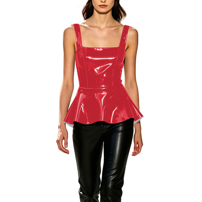 Vinyl Leather Vest for Womens Sexy Fashion Square Collar Ruffles Hem Slim Tank Tops Sleeveless T-shirts Wetlook Party Club Wear