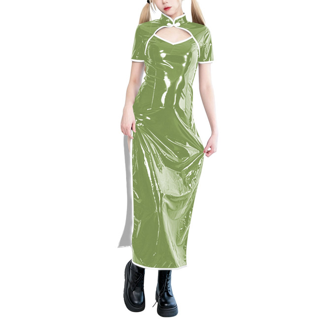 Sissy PVC Shiny Leather Hollow Out Long Dress with Side Slit Elegant Cheongsam Evening Gown Party Cosplay Sexy Carnival Suit 7XL