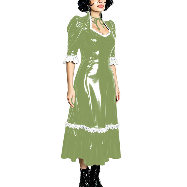 Shiny Gothic Evening Midi Dress PVC Vinyl Leather A-Line Lolita Dress Womens Puff Sleeve Glossy Prom Party Formal Dress Clubwear