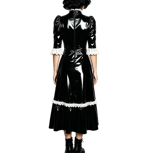 Shiny Gothic Evening Midi Dress PVC Vinyl Leather A-Line Lolita Dress Womens Puff Sleeve Glossy Prom Party Formal Dress Clubwear