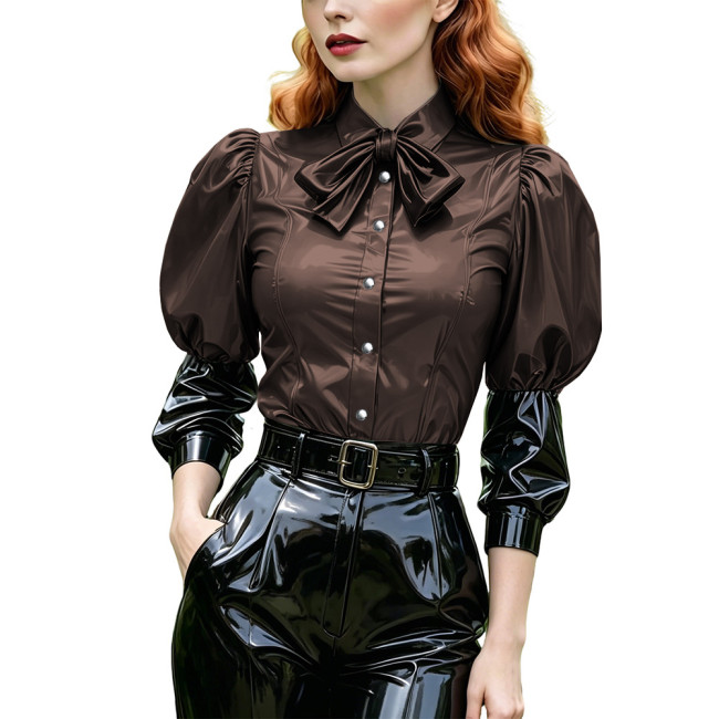 Women's Bow Shirts with Buttons Puff Long Sleeve Lapel PVC Shiny Leather Blouse Fashion Patchwork Tops Party Cosplay Halloween