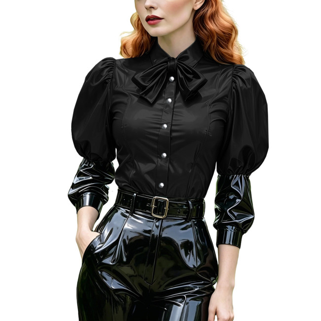 Women's Bow Shirts with Buttons Puff Long Sleeve Lapel PVC Shiny Leather Blouse Fashion Patchwork Tops Party Cosplay Halloween