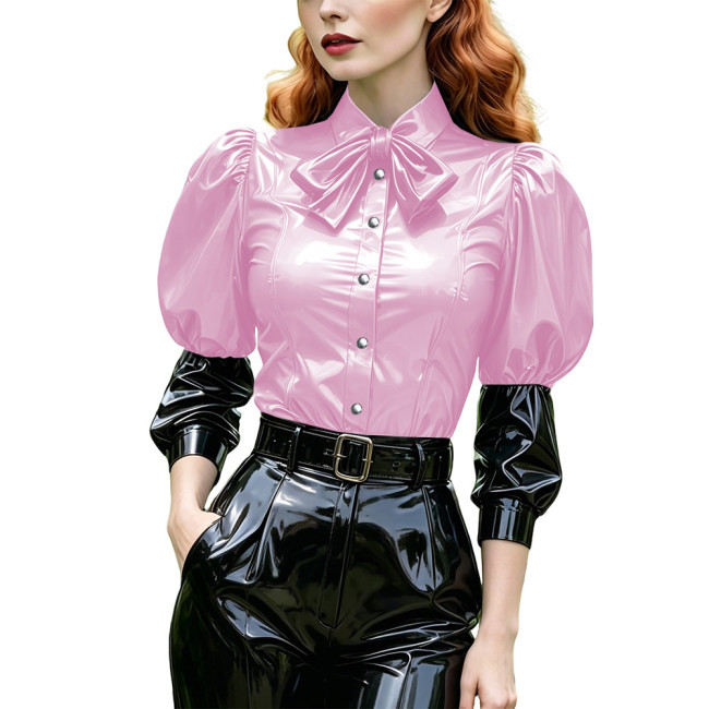 Women's Bow Shirts with Buttons Puff Long Sleeve Lapel PVC Shiny Leather Blouse Fashion Patchwork Tops Party Cosplay Halloween