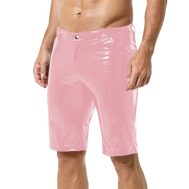 Men Fashion Shiny Wet Look PVC Leather Pencil Shorts Casulal Pockets Slim Knee-length Pants Nightclub Dance Party  Punk Costumes
