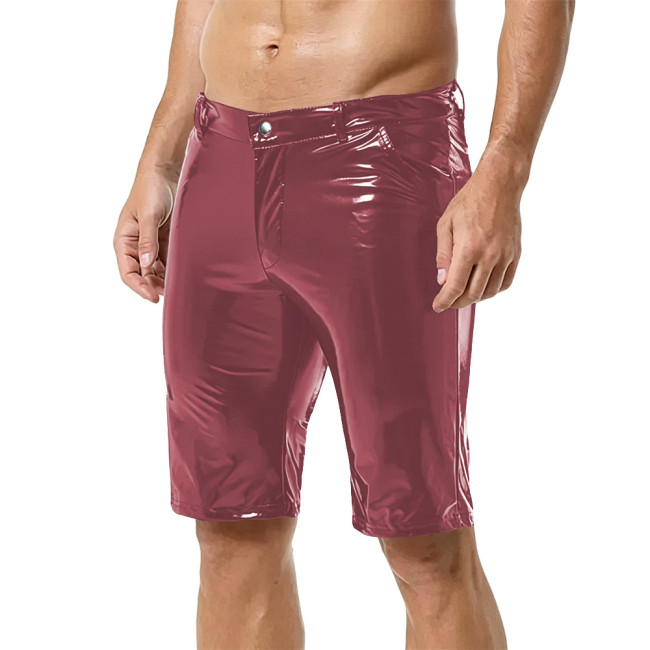 Men Fashion Shiny Wet Look PVC Leather Pencil Shorts Casulal Pockets Slim Knee-length Pants Nightclub Dance Party  Punk Costumes