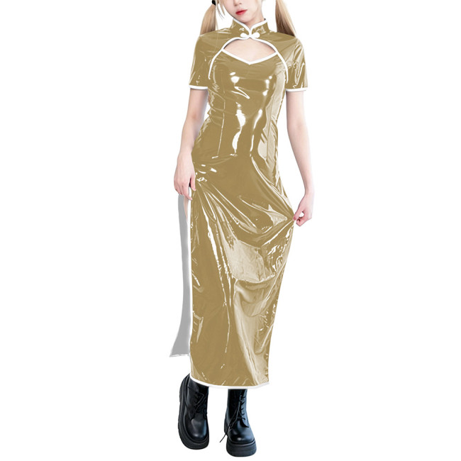 Sissy PVC Shiny Leather Hollow Out Long Dress with Side Slit Elegant Cheongsam Evening Gown Party Cosplay Sexy Carnival Suit 7XL