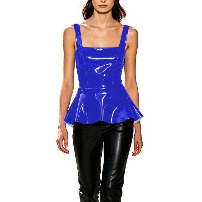 Vinyl Leather Vest for Womens Sexy Fashion Square Collar Ruffles Hem Slim Tank Tops Sleeveless T-shirts Wetlook Party Club Wear