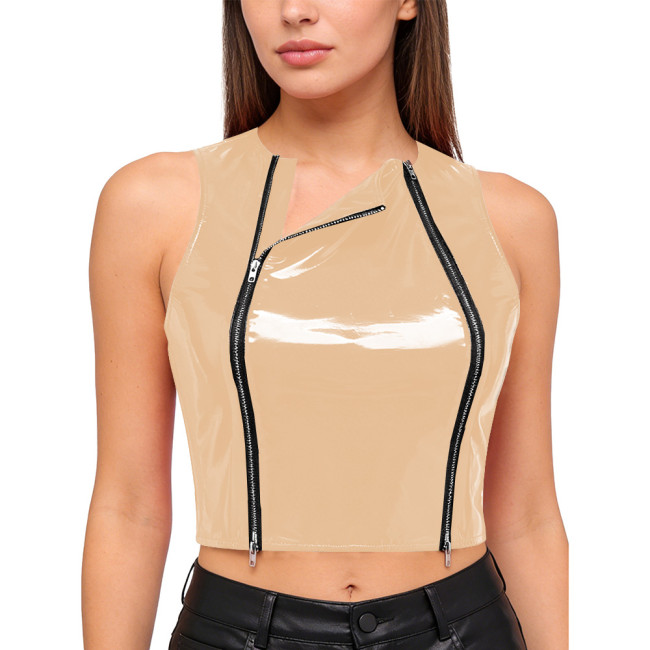 Plus Size Vinyl PVC Leather Crop Top Front Zippers Sleeveless Glossy Tank Top Womens Nightclub Crop Vest Rave Festival Wear 8XL