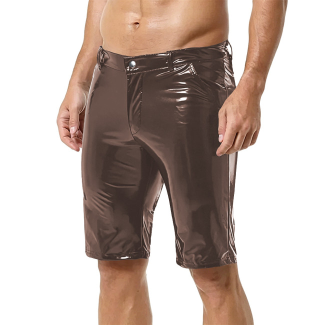 Men Fashion Shiny Wet Look PVC Leather Pencil Shorts Casulal Pockets Slim Knee-length Pants Nightclub Dance Party  Punk Costumes