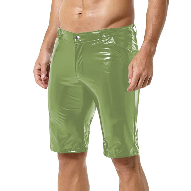Men Fashion Shiny Wet Look PVC Leather Pencil Shorts Casulal Pockets Slim Knee-length Pants Nightclub Dance Party  Punk Costumes