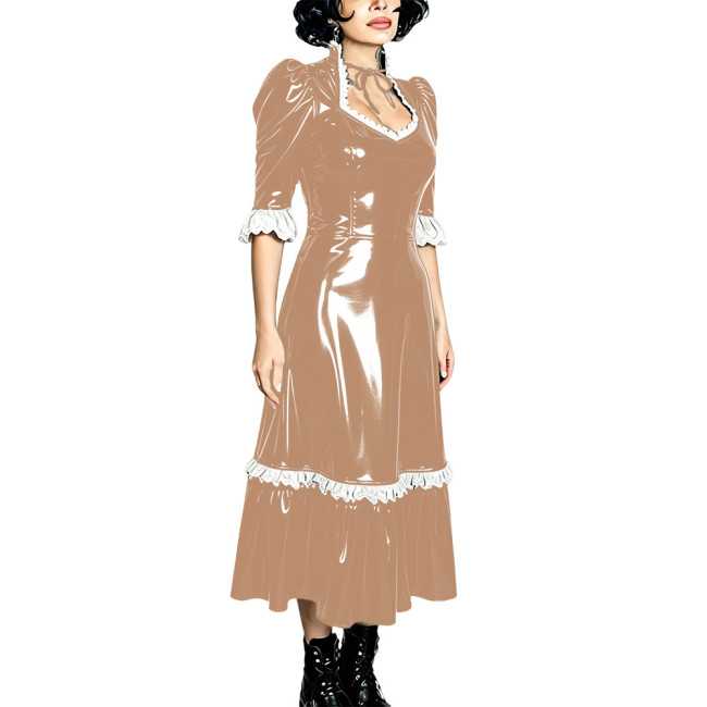 Shiny Gothic Evening Midi Dress PVC Vinyl Leather A-Line Lolita Dress Womens Puff Sleeve Glossy Prom Party Formal Dress Clubwear