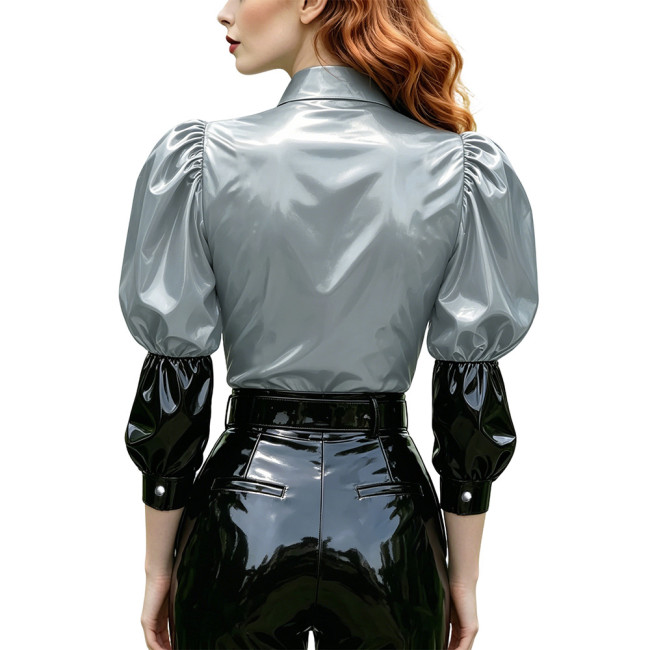 Women's Bow Shirts with Buttons Puff Long Sleeve Lapel PVC Shiny Leather Blouse Fashion Patchwork Tops Party Cosplay Halloween