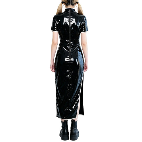 Sissy PVC Shiny Leather Hollow Out Long Dress with Side Slit Elegant Cheongsam Evening Gown Party Cosplay Sexy Carnival Suit 7XL