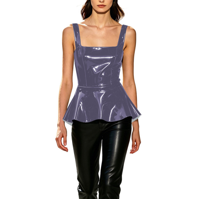 Vinyl Leather Vest for Womens Sexy Fashion Square Collar Ruffles Hem Slim Tank Tops Sleeveless T-shirts Wetlook Party Club Wear
