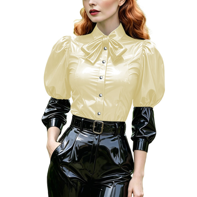 Women's Bow Shirts with Buttons Puff Long Sleeve Lapel PVC Shiny Leather Blouse Fashion Patchwork Tops Party Cosplay Halloween