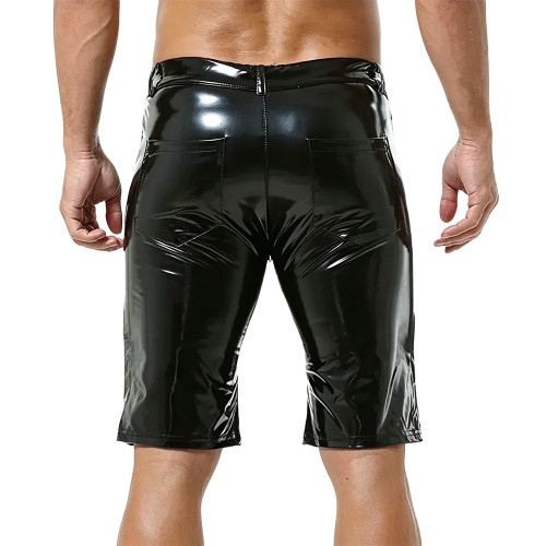 Men Fashion Shiny Wet Look PVC Leather Pencil Shorts Casulal Pockets Slim Knee-length Pants Nightclub Dance Party  Punk Costumes