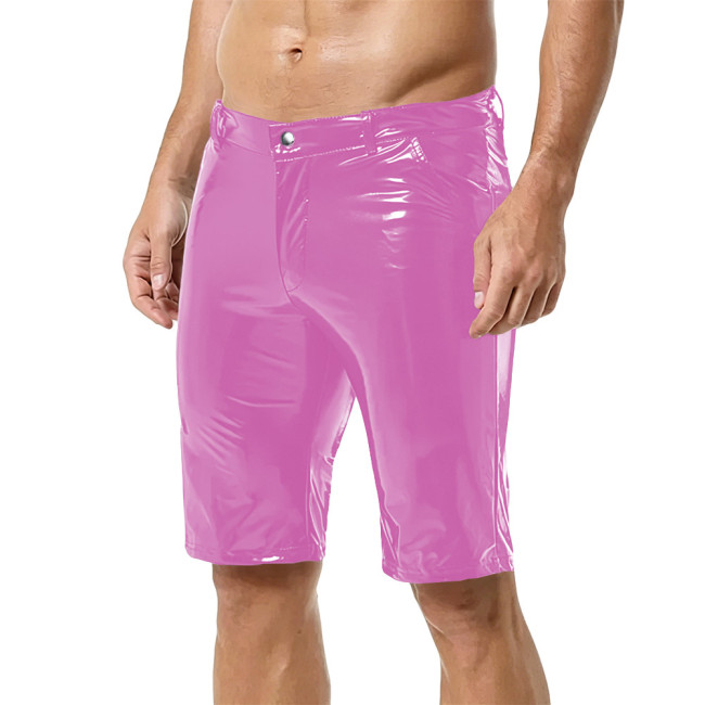 Men Fashion Shiny Wet Look PVC Leather Pencil Shorts Casulal Pockets Slim Knee-length Pants Nightclub Dance Party  Punk Costumes