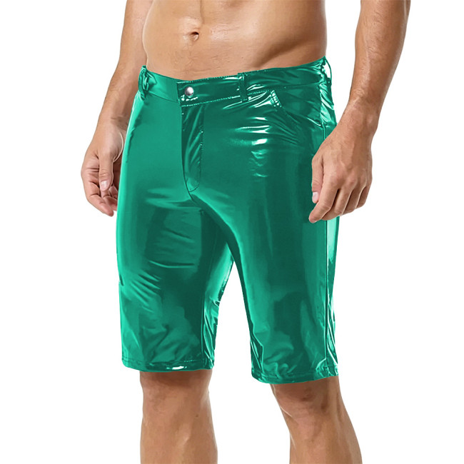 Men Fashion Shiny Wet Look PVC Leather Pencil Shorts Casulal Pockets Slim Knee-length Pants Nightclub Dance Party  Punk Costumes