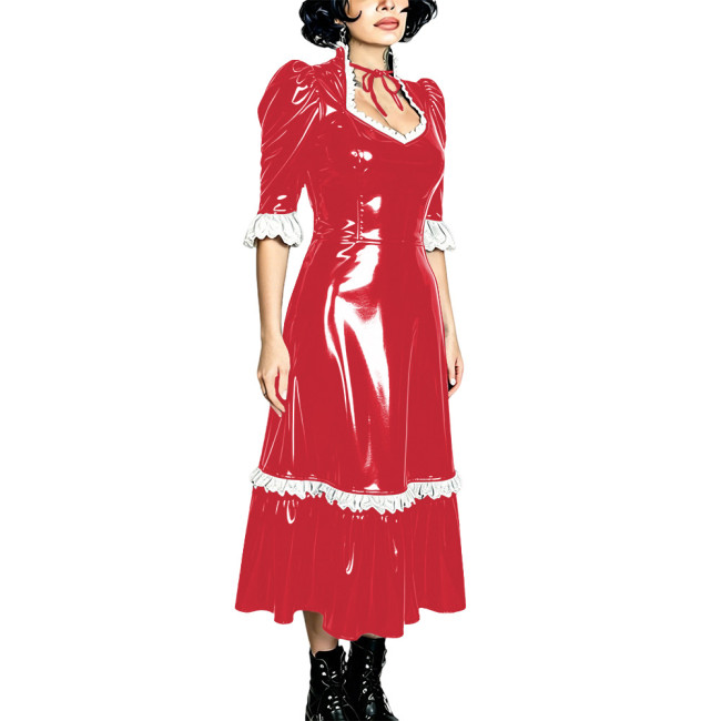 Shiny Gothic Evening Midi Dress PVC Vinyl Leather A-Line Lolita Dress Womens Puff Sleeve Glossy Prom Party Formal Dress Clubwear